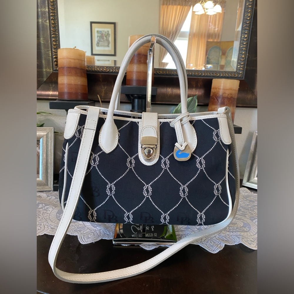 Dooney & Bourke Nautical Dark Navy Blue & Wht Satchel, Leather,Canvas, Medium